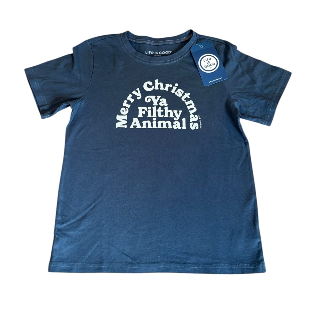 Life is Good Crusher Tee Merry Christmas Ya Filthy Animal Kids XXL Navy Blue NEW